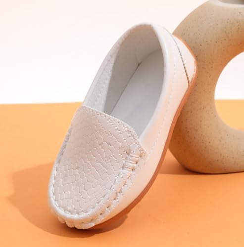 LONSOEN Toddler/Little Kid Boys Girls Soft Synthetic Leather Loafer Slip-On Boat-Dress Shoes/Sneakers,White,SHF103 CN35 - Image 4