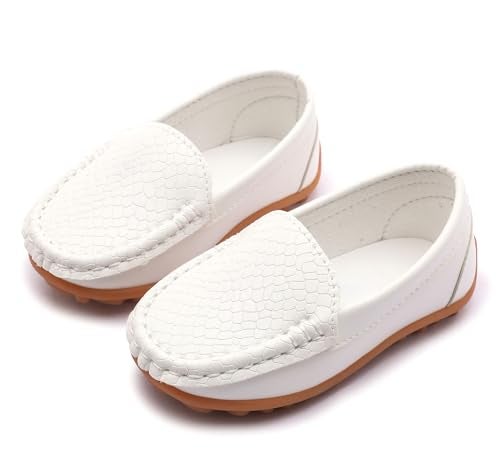 LONSOEN Toddler/Little Kid Boys Girls Soft Synthetic Leather Loafer Slip-On Boat-Dress Shoes/Sneakers,White,SHF103 CN35 - Image 2
