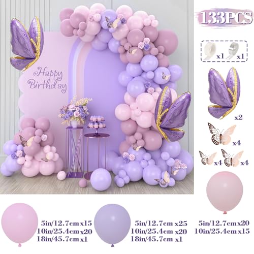 Netnology Purple Butterfly Balloon Arch Garland Kit 133pcs Pastel Purple Pink Foil Balloons Arch Kit for Butterfly Birthday Party Decorations Baby Shower Decorations for Girls - Image 2