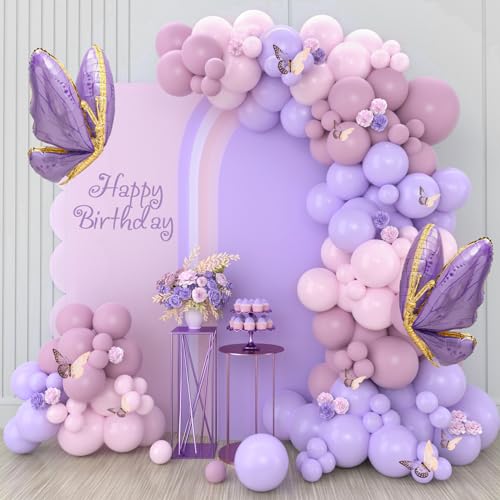 Netnology Purple Butterfly Balloon Arch Garland Kit 133pcs Pastel Purple Pink Foil Balloons Arch Kit for Butterfly Birthday Party Decorations Baby Shower Decorations for Girls - Image 1