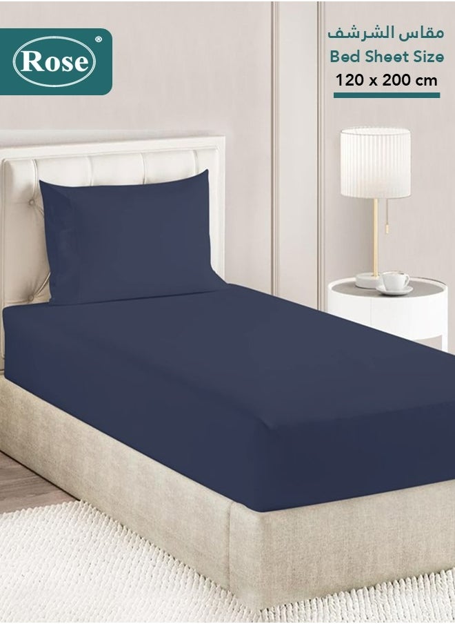 Rose - Rose Luxurious Plain Fitted Sheet with Deep Pockets and Pillow Case, Bed Sheet 2-Pieces Set, Soft & Cozy Microfiber Breathable and Cooling, Extra Twin Size 120x200cm, Dark Blue - Image 1