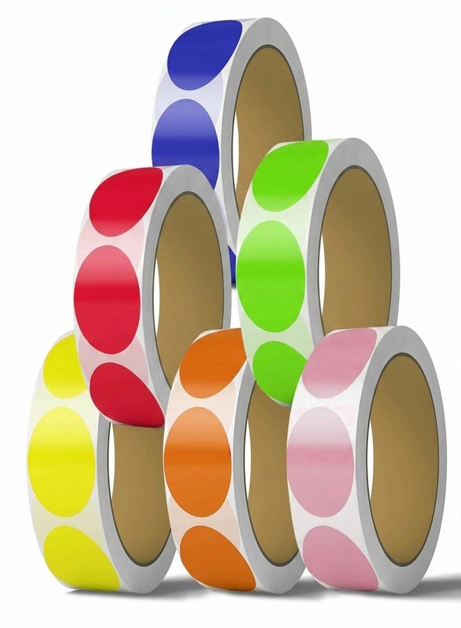 Safety Supply Mart ملصقات ترميز لونية دائرية مقاس 1 بوصة - 6 لفات، 6000 ملصق لاصق بلمسة نهائية غير لامعة بألوان الأحمر والأزرق والأخضر والأصفر والبرتقالي والوردي - قابلة للكتابة، ذات التصاق قوي للمكاتب والمدارس والجرد والتنظيم - Image 1