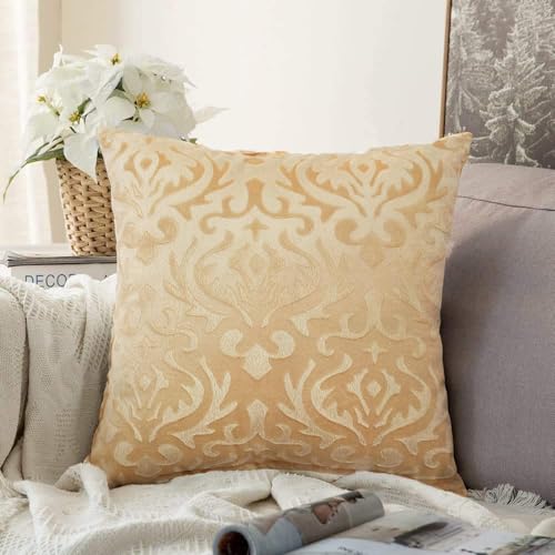 STARNSTYLE Velvet Decorative Cushion Cover 24x24 Inch - Set of 1, Soft Solid Damask Square Throw Pillow Covers for Sofa, Living Room or Home Decor - 60x60 cm Beige - Image 1