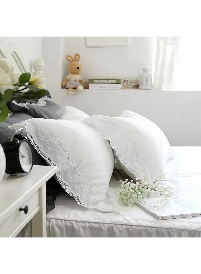 Meaning4 White Lace Pillow Shams Queen Size Pillowcases Cotton for Bed French Country Style 2 Pieces 20"x30" Shabby Chic  - Image 1