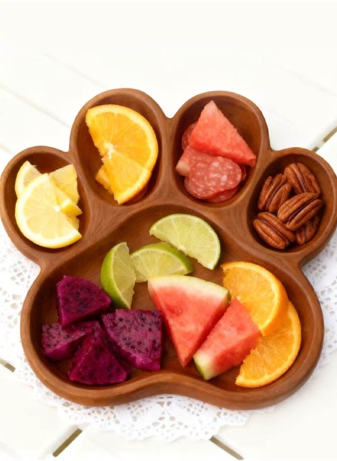 INSENSE Natural Pine Wood Cat Paw Snack Tray, Multi-Compartment Fruit & Nut Platter, Creative Wooden Serving Plate for Home - Image 3