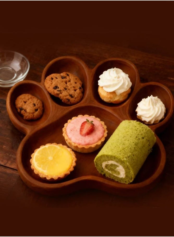 INSENSE Natural Pine Wood Cat Paw Snack Tray, Multi-Compartment Fruit & Nut Platter, Creative Wooden Serving Plate for Home - Image 2