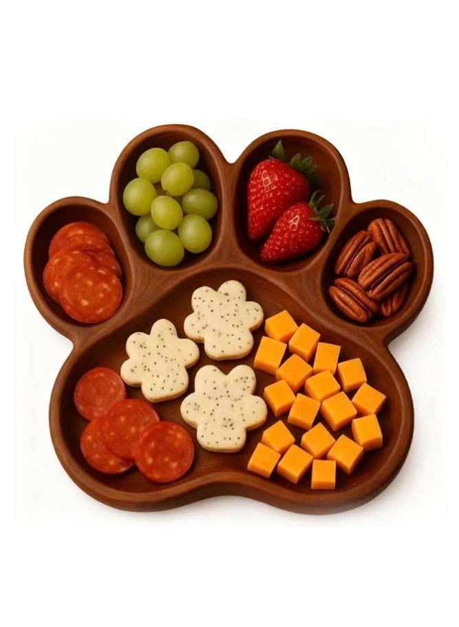 INSENSE Natural Pine Wood Cat Paw Snack Tray, Multi-Compartment Fruit & Nut Platter, Creative Wooden Serving Plate for Home - Image 1