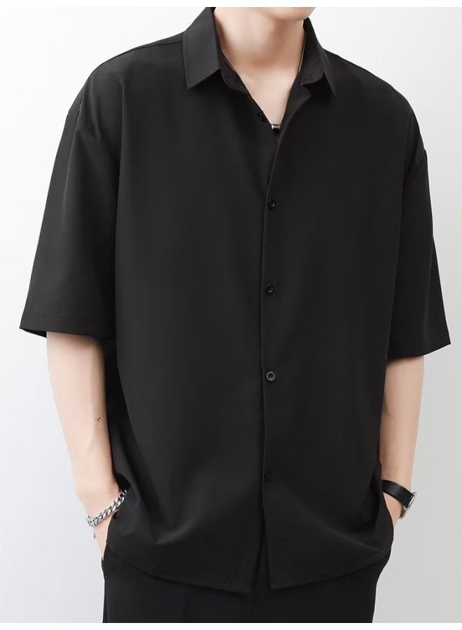 Summer Thin Ice Silk Short-sleeved Shirt Men's Korean Style Trendy Simple Shirt Trendy Brand Loose Casual Top