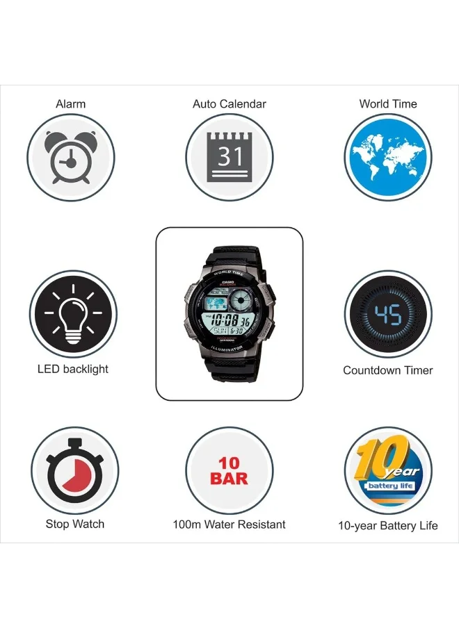 CASIO Men's Digital Display Watch With Black Resin Strap - AE-1000W-1B