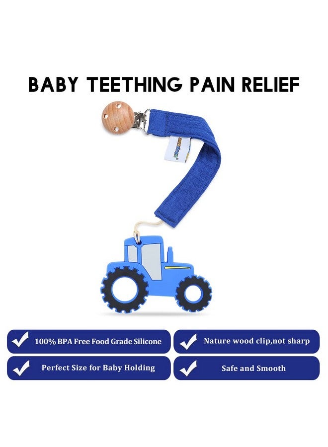 AmazingM Baby Food Grade Silicone Tractor Car Teether Toy With Pacifier Clip Holderteething Pain Relief Toys Gift Set For 3 Months+ Boys And Girlsfreezer Safebpa Free (Blue) - Image 4