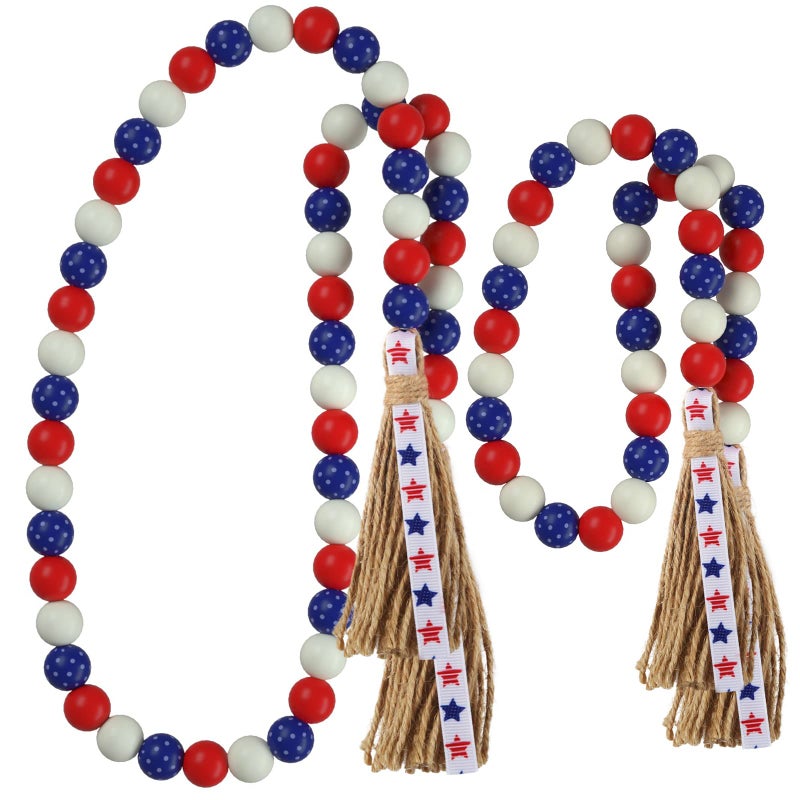 Patriotic Wood Bead GarlandYuanDe 2pcs 4th of July American Wooden Beads String Jute Rope TasselFarmhouse Rustic Hanging Bead Garland for Memorial Independence Day Vase Tiered Tray Wall Decor Gift