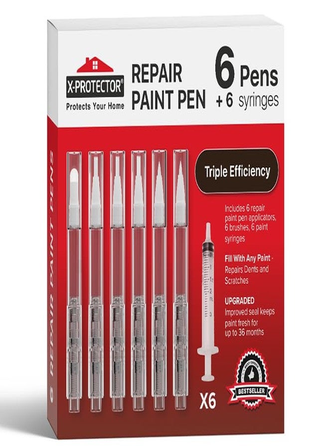 إكس-بروتيكتور مجموعة أقلام طلاء X-Protector للتصليح - 6 أقلام طلاء قابلة لإعادة التعبئة مع 3 أنواع من الفرش - قلم طلاء ممتاز للتصليح - أقلام طلاء قابلة لإعادة التعبئة للجدران والأثاث وأعمال التصليح الأخرى! - Image 1