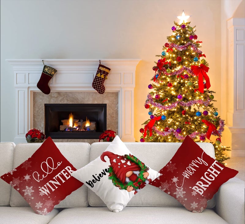 Artmag 16x16 Christmas Throw Pillow Covers Decorative Farmhouse Hello Winter Gnomes Merry Bright Outdoor Christmas Pillow Shams Cases Slipcovers Set of 4 for Couch Sofa - Image 2