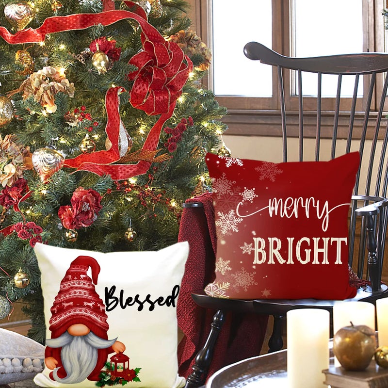 Artmag 16x16 Christmas Throw Pillow Covers Decorative Farmhouse Hello Winter Gnomes Merry Bright Outdoor Christmas Pillow Shams Cases Slipcovers Set of 4 for Couch Sofa - Image 3