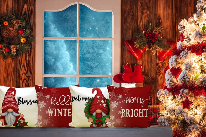 Artmag 16x16 Christmas Throw Pillow Covers Decorative Farmhouse Hello Winter Gnomes Merry Bright Outdoor Christmas Pillow Shams Cases Slipcovers Set of 4 for Couch Sofa - Image 5