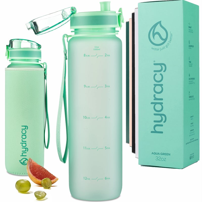 Hydracy Water Bottle with Time Marker -Large 32oz BPA Free Water Bottle & No Sweat Sleeve -Leak Proof Gym Bottle with Fruit Infuser Strainer & Times to Drink -Ideal Gift for Fitness Sports & Outdoors - Image 1