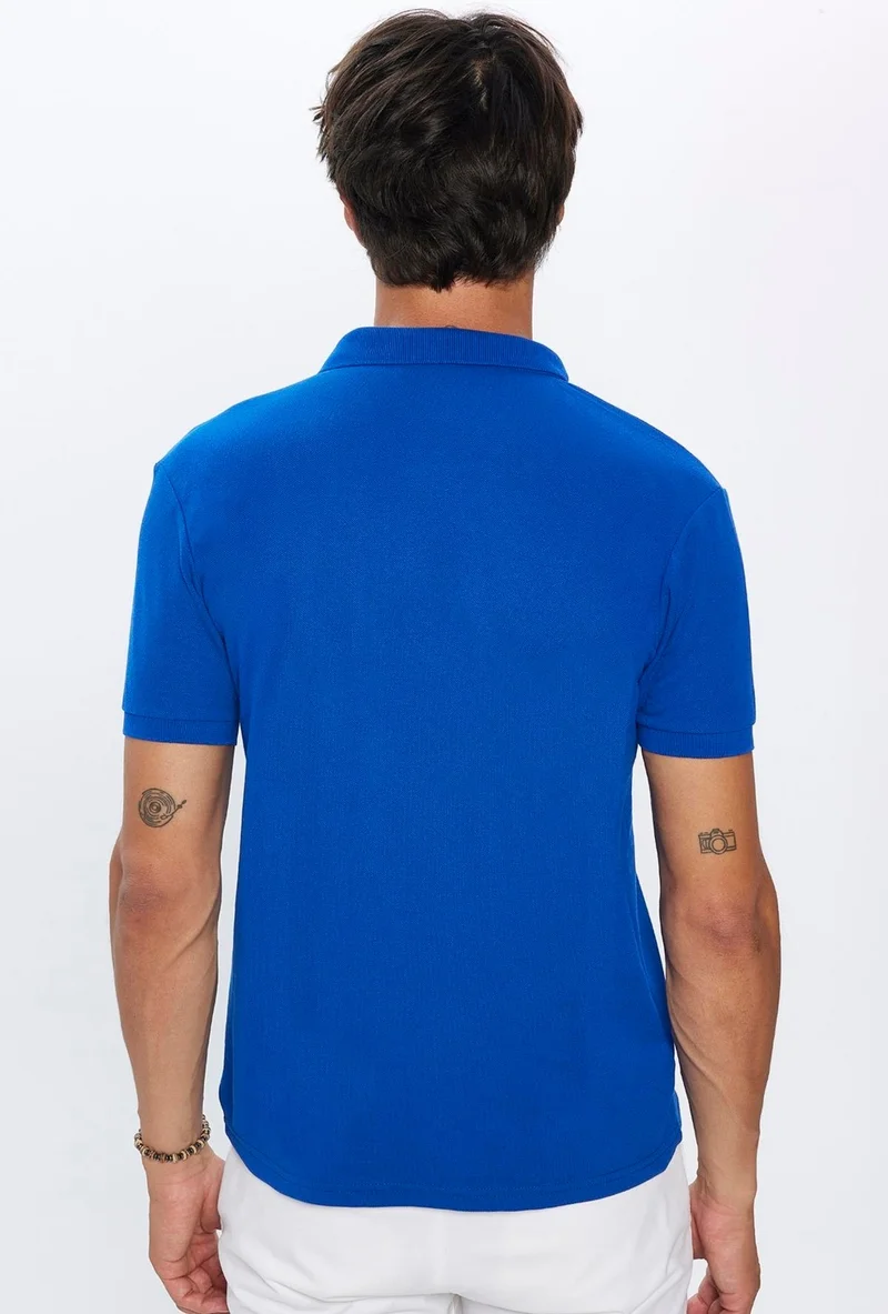 تودورس Men's Slim Fit Slim Cut Cotton Soft Texture Cool Fabric Plain Dark Blue Polo Neck T-Shirt