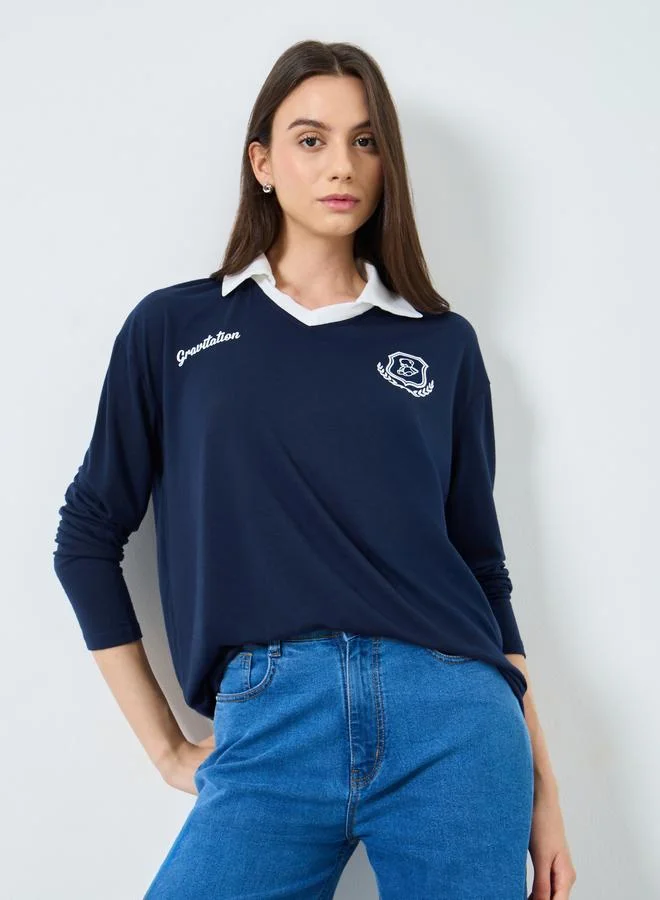 Take Two Take Two Women Navy Printed Polo T-Shirt