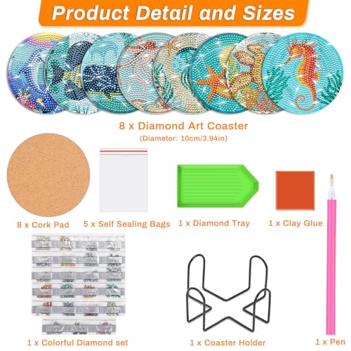 Billbotk 8 Pieces Diamond Painting Coasters Kit with Holder, Diamond Art Coasters, DIY Diamond Art Crafts Projects, Diamond Dot Kits for Adults and Beginners(Ocean Style) - Image 2