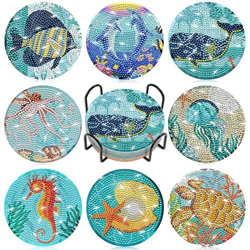 Billbotk 8 Pieces Diamond Painting Coasters Kit with Holder, Diamond Art Coasters, DIY Diamond Art Crafts Projects, Diamond Dot Kits for Adults and Beginners(Ocean Style) - Image 1