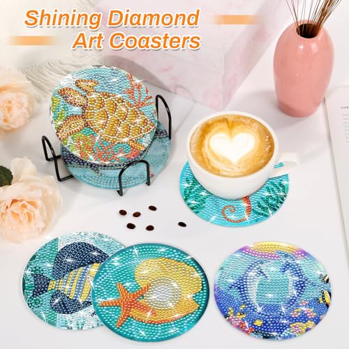 Billbotk 8 Pieces Diamond Painting Coasters Kit with Holder, Diamond Art Coasters, DIY Diamond Art Crafts Projects, Diamond Dot Kits for Adults and Beginners(Ocean Style) - Image 5