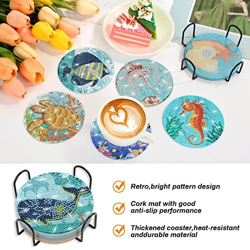 Billbotk 8 Pieces Diamond Painting Coasters Kit with Holder, Diamond Art Coasters, DIY Diamond Art Crafts Projects, Diamond Dot Kits for Adults and Beginners(Ocean Style) - Image 3