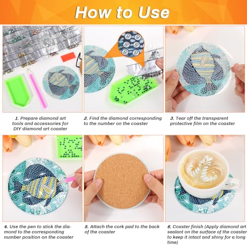 Billbotk 8 Pieces Diamond Painting Coasters Kit with Holder, Diamond Art Coasters, DIY Diamond Art Crafts Projects, Diamond Dot Kits for Adults and Beginners(Ocean Style) - Image 4