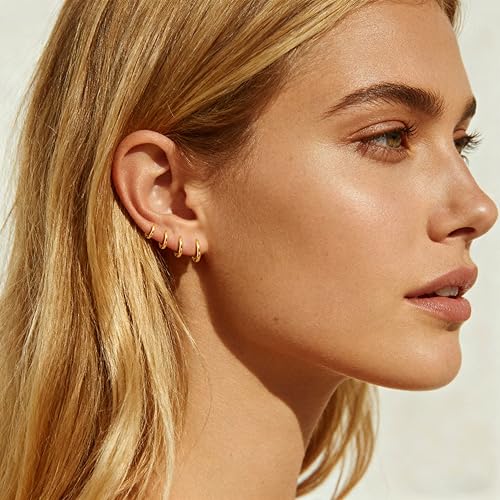 Gokeey Gold Earrings for Women Men, 14k Gold Plated Hypoallergenic Small Hoop Earrings Jewelry, Gold Huggie Hoops Earrings Set Lightweight Cartilage Earrings Gifts 4 Pair - Image 2