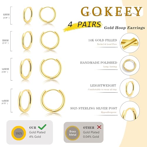 Gokeey Gold Earrings for Women Men, 14k Gold Plated Hypoallergenic Small Hoop Earrings Jewelry, Gold Huggie Hoops Earrings Set Lightweight Cartilage Earrings Gifts 4 Pair - Image 5