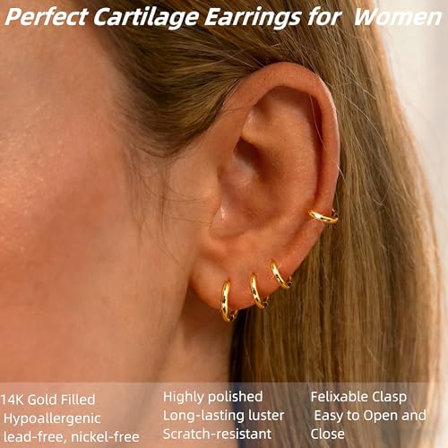 Gokeey Gold Earrings for Women Men, 14k Gold Plated Hypoallergenic Small Hoop Earrings Jewelry, Gold Huggie Hoops Earrings Set Lightweight Cartilage Earrings Gifts 4 Pair - Image 3