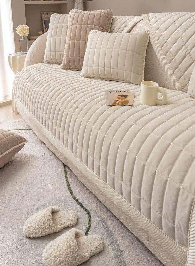 vctops Velvet Plush Plaid Quilted Sofa Cover Super Soft Non Slip Sectional Couch Cover Farmhouse Fluffy Fuzzy Sofa Slipcover Furniture Protector for Dogs Cats Pet (Cream,28"x28") - Image 1