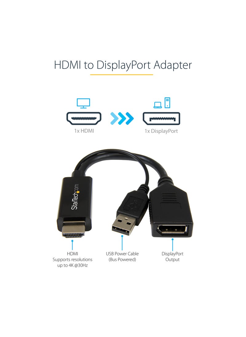Startech.com StarTech.com 4K 30Hz HDMI to DisplayPort Video Adapter w/ USB Power - 6 in - HDMI 1.4 (Male) to DP 1.2 (Female) Active Monitor Converter (HD2DP), Black  - Image 2