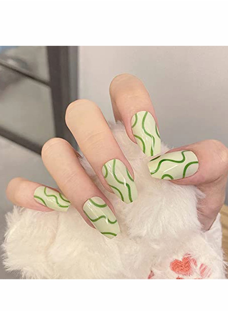 Excefore False Nails, KASTWAVE 24Pcs Press on Nails, Medium Coffin Glue on Nails Green Line Fake Nails, Glossy Artificial Manicure, for Women and Girls  - Image 1