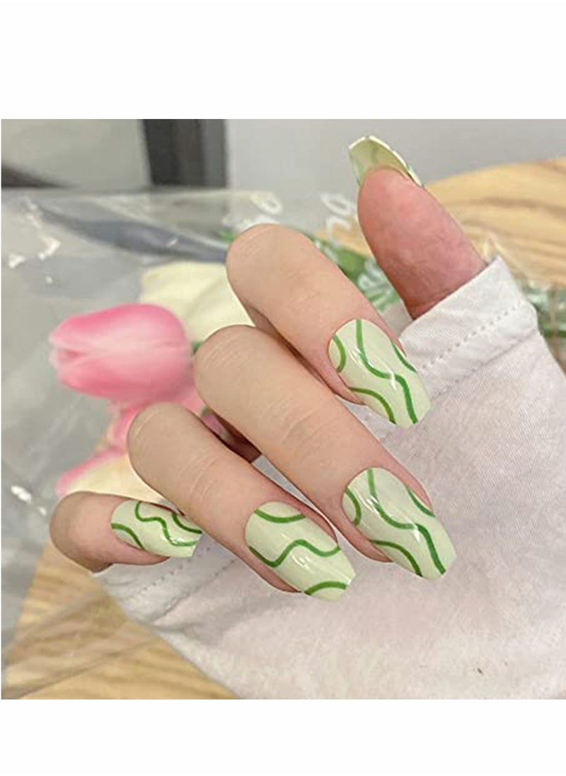 Excefore False Nails, KASTWAVE 24Pcs Press on Nails, Medium Coffin Glue on Nails Green Line Fake Nails, Glossy Artificial Manicure, for Women and Girls  - Image 4