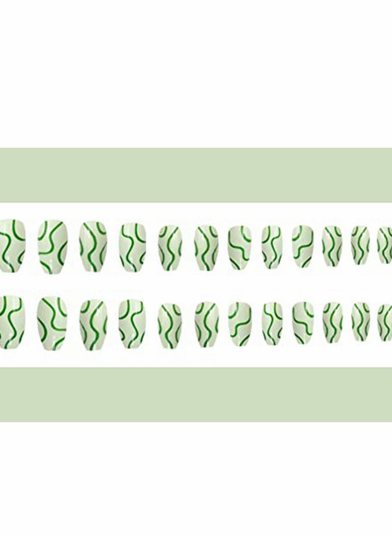 Excefore False Nails, KASTWAVE 24Pcs Press on Nails, Medium Coffin Glue on Nails Green Line Fake Nails, Glossy Artificial Manicure, for Women and Girls  - Image 5