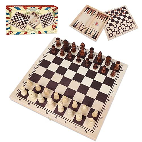 GOTHINK Wooden Chess Checker and Backgammon 3 in 1 Board Game SetClassic Traditional Travel Night Toy and Game Gift Set for Kids Adults Senior Family - Image 1