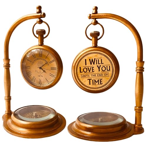 ALADEAN Brass Table Clock with Compass Romantic Desk Clock Decorative Vintage Mechanical Clock Lovers BoyfriendHusband BirthdayWedding Gifts Love You - Image 1
