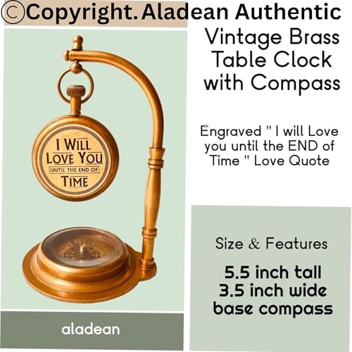 ALADEAN Brass Table Clock with Compass Romantic Desk Clock Decorative Vintage Mechanical Clock Lovers BoyfriendHusband BirthdayWedding Gifts Love You - Image 3