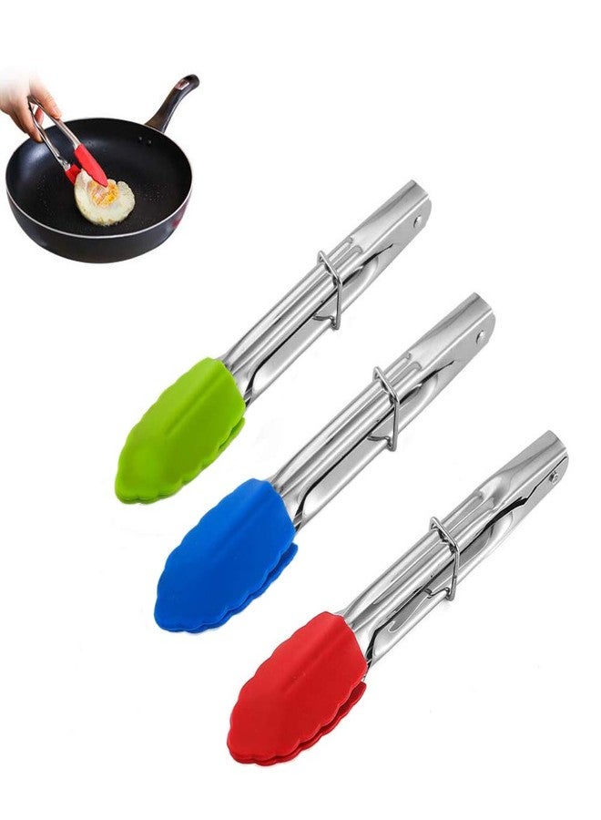 vipolish 3Pcs Small Tongs With Silicone Tips 7 Inch Serving Tongs Mini Kitchen Stainless Steel Food Tongs for BBQ Salad Cooking Appetizers (Red Green Blue) - Image 1