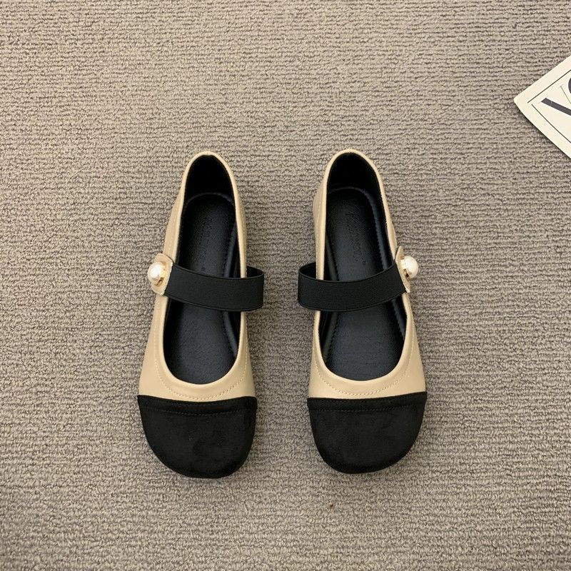 One Pedal Round Head Single 2024 Spring And Pearl Elastomer Color-Matching Mary Jane Shoes Young Teacher Shoes Soft Sole - Image 1