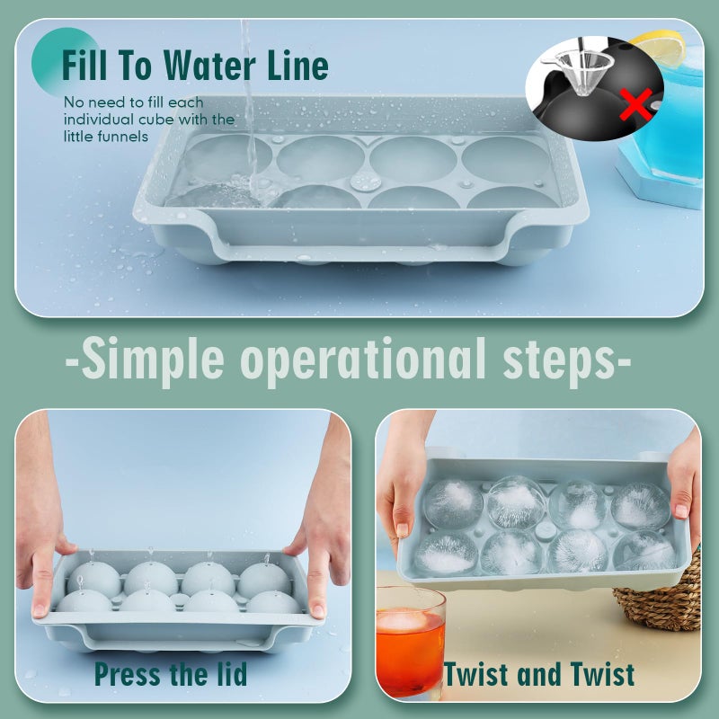 WIBIMEN Large Ice Cube Molds, Big Round Whiskey Ice Cube Trays for Freezer, Easy to Fill & Release, Whiskey Bourbon Cocktail(2.5In*8 Balls- Blue/2 Pack) - Image 3
