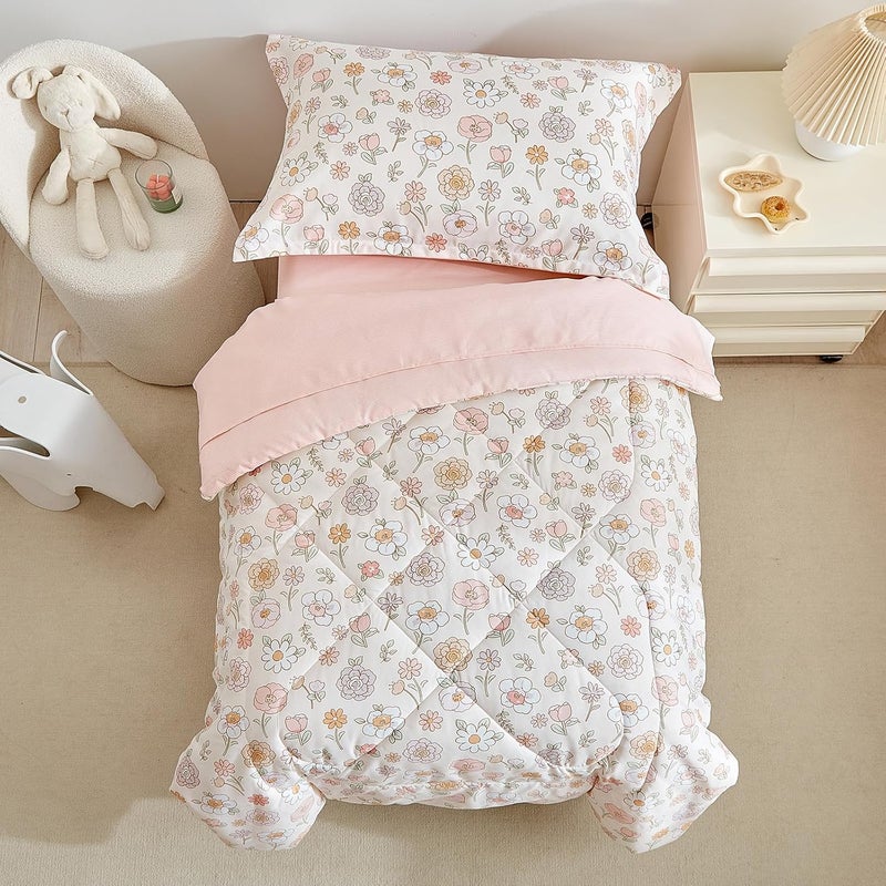 DuShow Floral 4 Piece Girls Toddler Bed Comforter Set Pink Flower Reversible Toddler Bedding Set Soft Baby Crib Bed Sheets Set in a Bag  Include Quilt ComforterFlat SheetFitted SheetPillowcase - Image 3