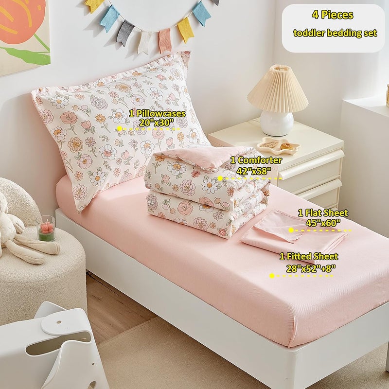 DuShow Floral 4 Piece Girls Toddler Bed Comforter Set Pink Flower Reversible Toddler Bedding Set Soft Baby Crib Bed Sheets Set in a Bag  Include Quilt ComforterFlat SheetFitted SheetPillowcase - Image 5