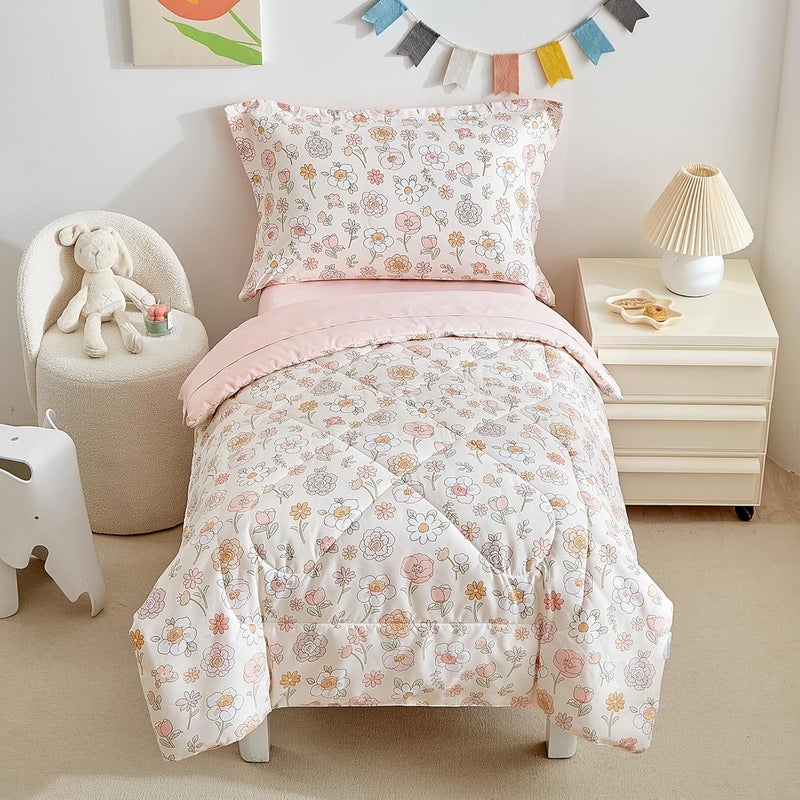DuShow Floral 4 Piece Girls Toddler Bed Comforter Set Pink Flower Reversible Toddler Bedding Set Soft Baby Crib Bed Sheets Set in a Bag  Include Quilt ComforterFlat SheetFitted SheetPillowcase - Image 1
