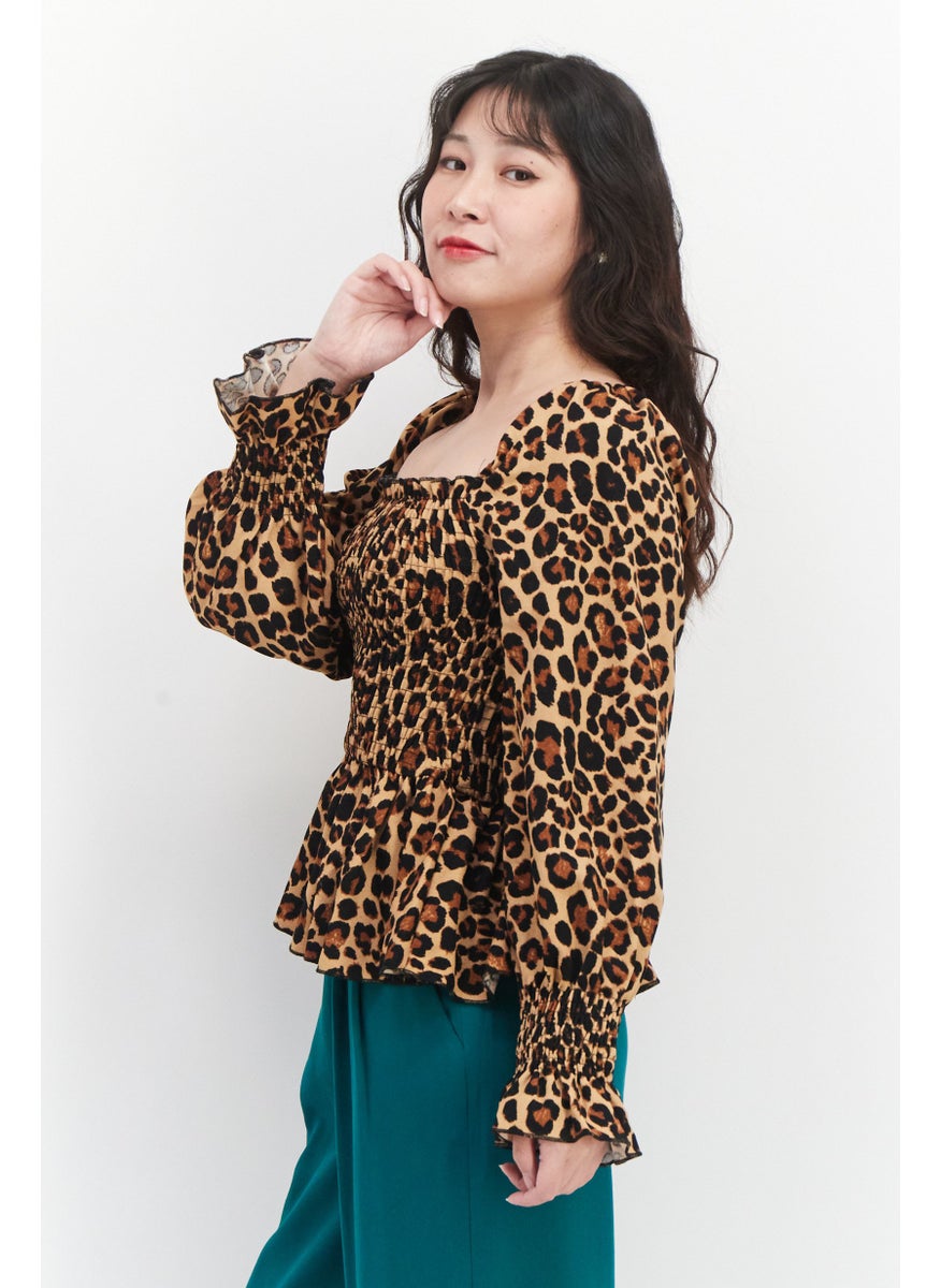 NEW LOOK Women Square Neck Long Sleeves Animal Print Top, Black Combo  - Image 2