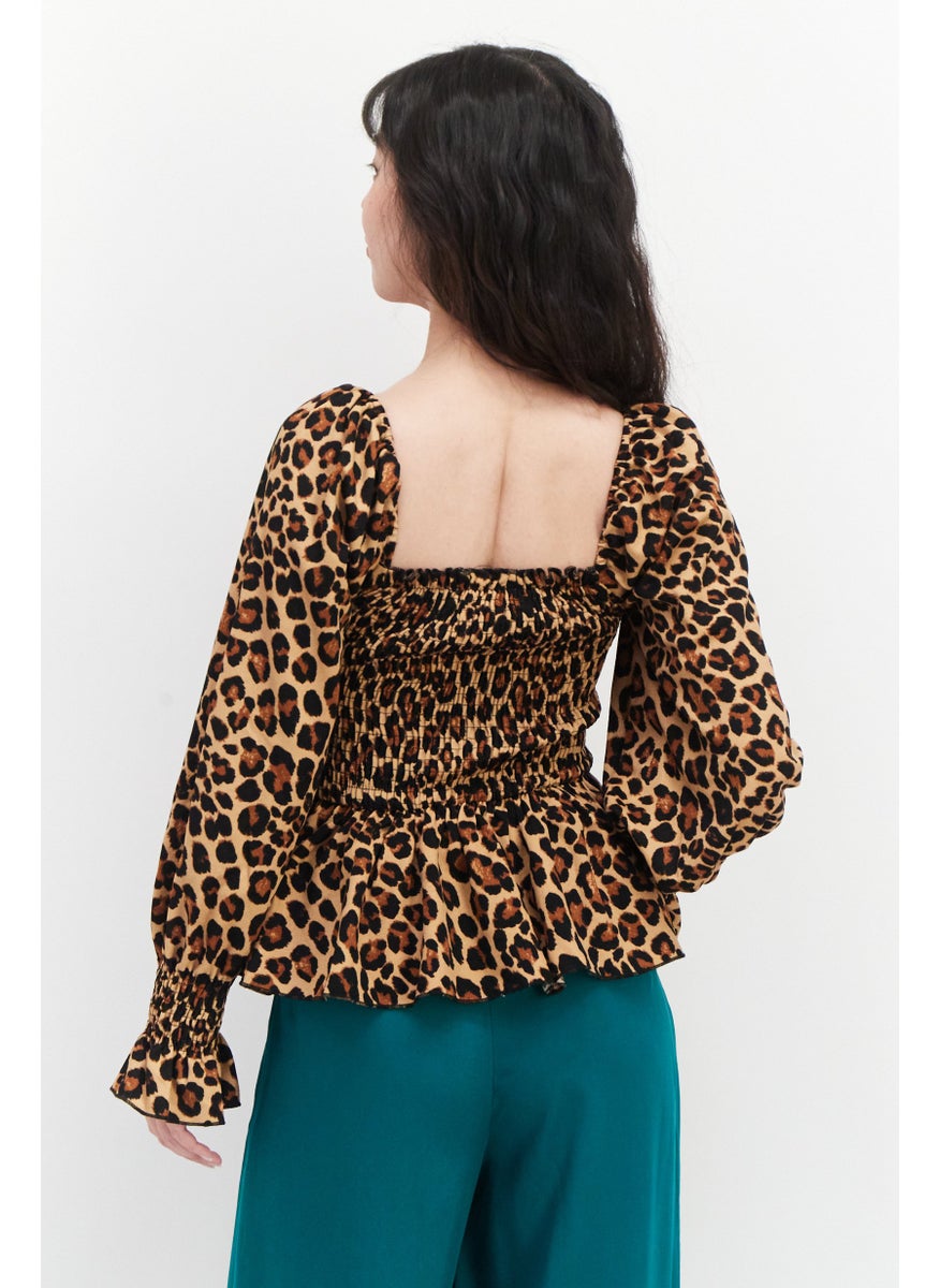 NEW LOOK Women Square Neck Long Sleeves Animal Print Top, Black Combo  - Image 4