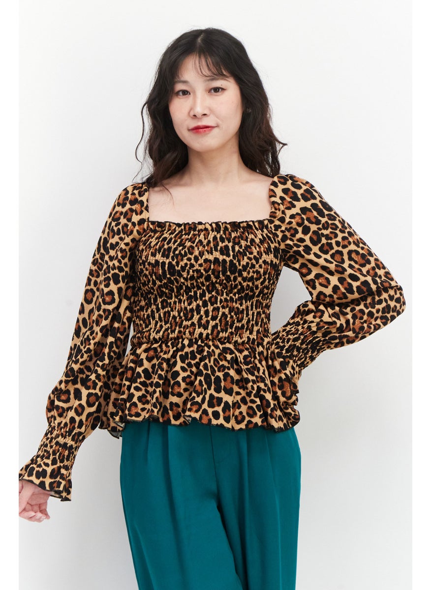 NEW LOOK Women Square Neck Long Sleeves Animal Print Top, Black Combo  - Image 1