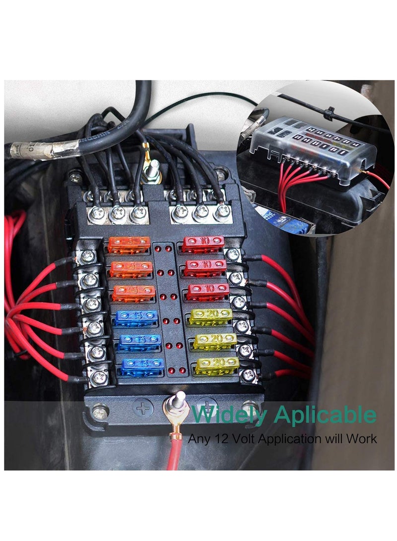 SYOSI 12 Way Fuse Block,12V Blade Fuse 12 Circuit ATC/ATO Waterproof Fuse Box Holder with LED Indicator Waterpoof Cover for 12V/24V Automotive Truck Boat Marine RV Van Vehicle (with 16 pcs Fuse)  - Image 2