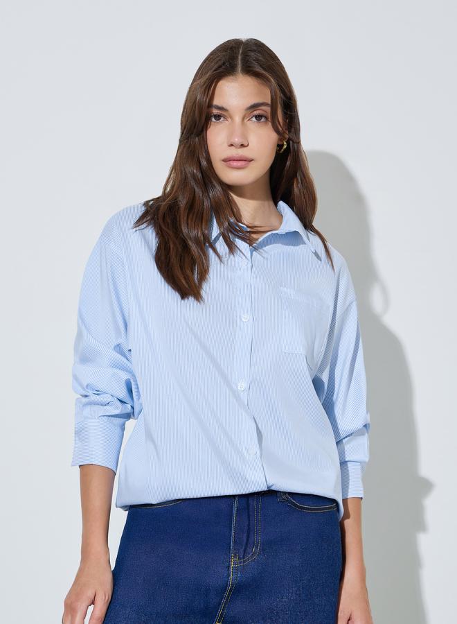 Styli Blue Striped Oversized Casual Shirt - Image 1