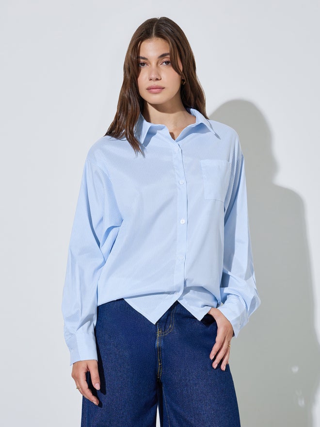 Styli Blue Striped Oversized Casual Shirt - Image 3